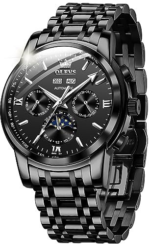 OLEVS Hommes Montre Automatique Auto - Enroulement Phase De Lune Calendrier Hommes Squelette Montre en Acier Inoxydable Luxe Montre Cadeau Noir