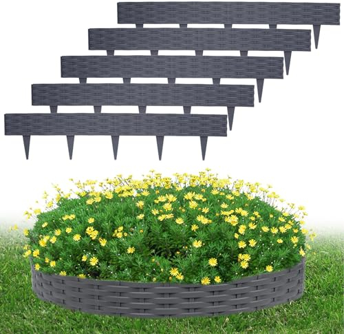 LZQ Rasenkante Beeteinfassung 5m,Biegbarer Kunststoff Beetumrandungen Rattan-Design Palisaden mit 5 Elemente á 100 cm, Grau