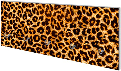 Wallario Wandgarderobe aus Glas in Größe 80 x 30 cm mit Memoboard-Funktion, Motiv: Leopardenmuster in orange schwarz | 5 Kleiderhaken zum Aufhängen von Jacken