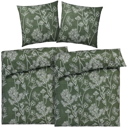 Pure Label Blumen Bettwäsche 4teilig 155x220 cm mit einem 2er Set Kissenbezüge 80x80 cm - Traumhaft weiches Bettwäsche-Sets 155 x 220 cm in grün aus 100% Baumwolle mit YKK Reißverschluss
