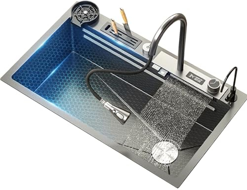 ATHUAH Fregadero de Cocina Inteligente con Pantalla Digital, Grifo extraíble en Cascada para Fregadero de Cocina Inteligente de Acero Inoxidable 304, Fregadero de Cocina Nano Inteligente con Cesta de