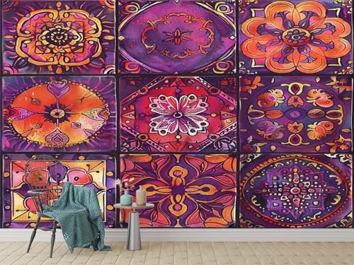 Vlies Tapeten Wandtapete Boho Mandala Lila Muster 3D Wandbild Wohnzimmer Wanddekoration Fototapete 3D Tapete Effekt 400x280 Cm