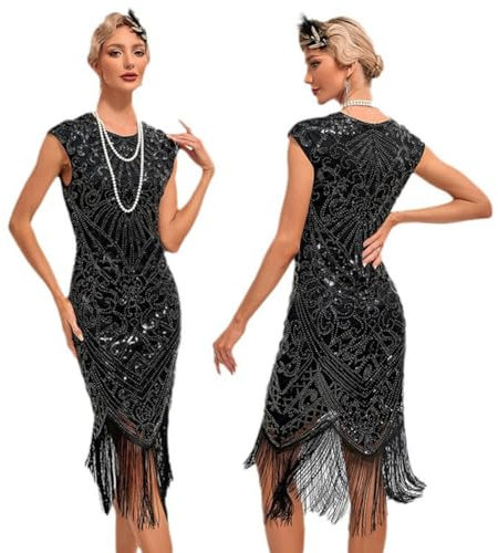 Odizli 1920s Dresses for Women Vintage Great Gatsby Flapper Fancy Costume Cap Sleeve Sparkle Sequins Fringe Tassel Art Deco Cocktail Evening Dance Party Prom Ball Gown Plus Size Black M