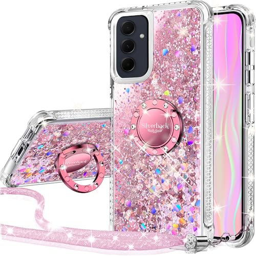 Silverback Custodia per Samsung A35 5G, custodia protettiva olografica con liquido mobile glitterato olografico e scintillante, con supporto e cordino, con anello di strass, custodia protettiva