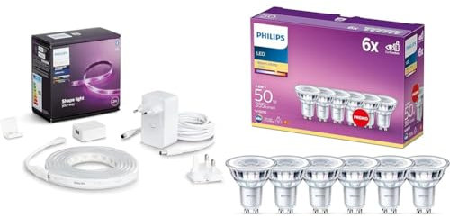 Philips Hue Lightstrip Plus v4 [2 m] White and Colour Ambiance Smart LED Kit with Bluetooth & LED Classic Light Bulb 6 Pack [GU10 Spot] 4.6 W - 50 W Equivalent, Warm White (2700K)