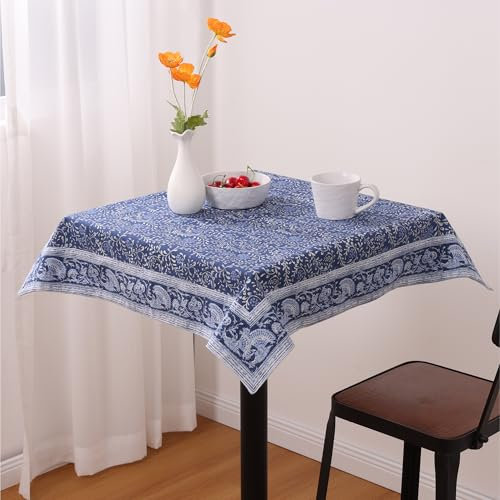 JEMIDI Tischdecke Baumwolle 80 x 80 cm - Table Cloth Oeko-Tex Zertifiziert - Blumen Print Tischtuch quadratisch - Tischdecken - Tisch Decke Stoff für Wohnzimmertisch - Blau