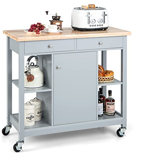 COSTWAY Küchenwagen mit Rollen, Kücheninsel mit Arbeitsplatte, Servierwagen mit 2 Schubladen & verstellbaren Regalen, Küchenschrank rollbar für Küche, Esszimmer, 99 x 46 x 90cm (Grau)