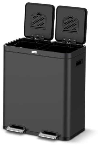 Deleca Mülleimer Küche 2 Fächer 60L - Doppelmülleimer mit FreshAura Geruchsfilter - Duo Slow Close Tretmülleimer - Mülltrennsystem 2fach - Abfalleimer - Mülleimer 2 Fächer 2x30L - Edelstahl Schwarz