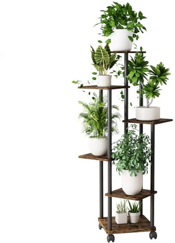 Venhvorer 6 Niveaux Support pour Plantes, 137 cm Étagère pour Plantes en Métal Bois, Porte Plantes D'intérieur pour Plusieurs Plantes, Support Pot de Fleur le Balcon du Jardin, Salon, Bureau