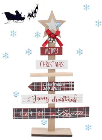 1 albero di Natale in legno marrone naturale decorazione nataliziacon scritta addobbi natalizi per la casa albero Natale artificiale da tavo (Rosso)