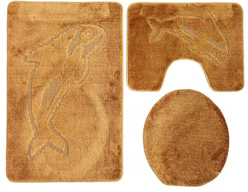Ilkadim Export 3-teiliges Badset WC Delphin Muster einfarbig, Badteppich 55x85cm, WC-Vorleger mit Ausschnitt für Stand-WC (Braun)