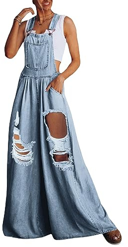 Women Casual Wide Leg Denim Dungaree Jumpsuit Loose Fit Jean Denim Bib Jumpsuit High Waist Jean Pants Jumpsuits with Pockets (D-Light Blue, M)