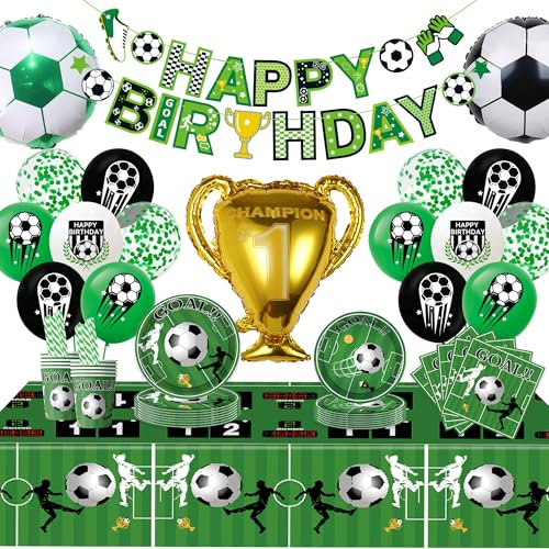 Decoración de cumpleaños de fútbol, vajilla de fiesta – Globos, manteles de fútbol, vasos de papel, servilletas, pajitas de papel para niños, decoración de fiesta temática deportiva (10 invitados)