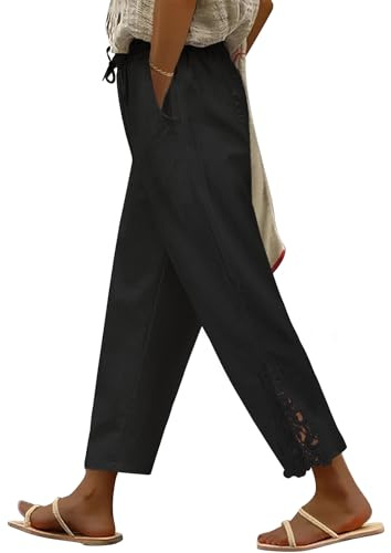UMIPUBO Womens Trousers Summer 7/8 Length Cotton Lightweight Trousers Ladies Elasticated Waist Pants Beach Bottoms Trousers Ankle Tapered Casual Drawstring Work Holiday (Black, L)