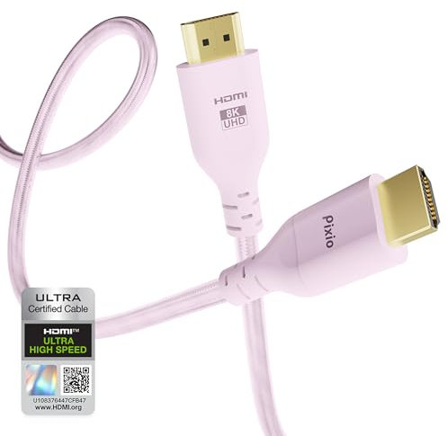 Pixio Pink 8K HDMI 2.1 Cable Ultra Certified Ultra High Speed 6FT 8K 60Hz 4K 120Hz Nylon Braided, Gold Plated Connector, Anti-Breakage, HDR10+, dtsx, eARC, HDCP, Dolby Compatible
