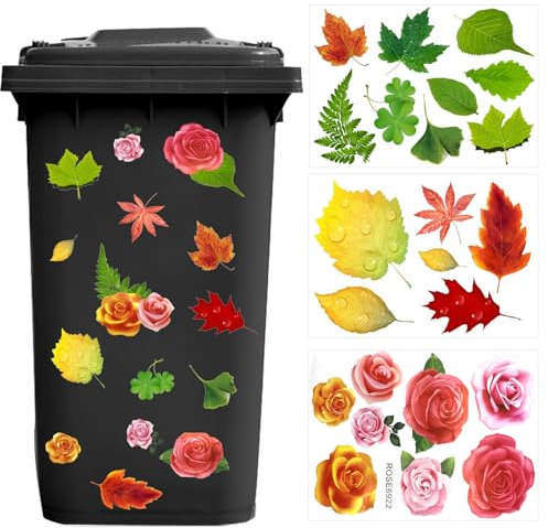 Wheelie Bin Stickers Flowers, Waterproof Bin Stickers for Wheelie Bins Flowers Dustbin Stickers Outdoor Self-Adhesive Wheelie Bin Stickers Decorative Bin Labels (Rose)