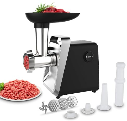 Hachoir a Viande Électrique, 750W Hachoirs Électriques, 3 en 1 Hachoir à Viande Acier Inoxydable et Kubbe et Tubes de Remplissage de Saucisses,Hachoir Électrique Viande pour Légumes Sauciss (Noir A)