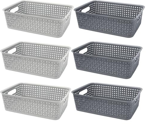 Sixfolo 6 Pièces Panier de Rangement Plastique 27 x 18 x 7.5 cm Panier Plastique Tressé Gris Petit Corbeille de Rangement Empilables pour Organiser Cuisine,Bureau,Salle de Bain(2 Couleur)