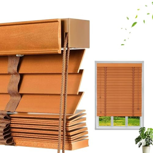 Store Occultant Fenetre Bois Exterieur, Stores Venitien Interieur Lamelle 50 mm, Store Thermique Isolant Brise Vue Impermeable avec Rail de Guidage pour Cuisine Chambre Salle de Bain(Light Brown)