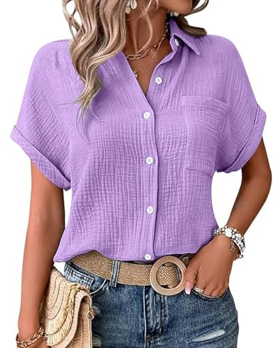 Damen Bluse, Musselin Bluse Damen Shirts Bluse Elegant Tunics Sommer Tshirt Kurzarm Leinen Knopf Bluse Lange Oversized T-Shirt Casual für Leggings, heißes pink M