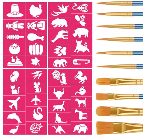 Alaoo Kit de Pinturas Cara,4 Plantilla de Pinturas Cara,Plantillas para Maquillaje Reutilizables con 10 Pinceles, para Halloween Fiestas de Maquillaje Carnaval,Rosa roja