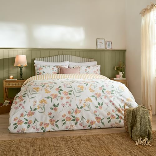 furn. Wylder Nature Betsie Duvet Cover Set – Soft Reversible Floral and Stripe Bedding (Yellow - King)