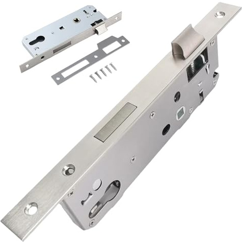 Crradura tubular, Inox,Cerradura Embutir Distancia Entre Ejes 85 mm, Reversible, Cilindro perfil, Alta Seguridad, Incluidos placa cierre,Tornillos,universal DIN izquierda/derecha (Entrada:35mm)