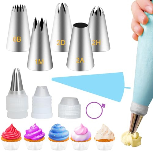 Large Piping Tips Set, Piping Bags and Tips Set 5 PCS Stainless Steel Frosting Tips for DIY Pastry Dough, Cookie, Cupcake, Cake (1M 2D 2F 6B 2A)
