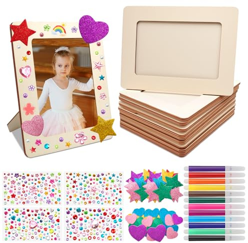10 Stück Bilderrahmen Holz Set, DIY Bilderrahmen Bastelset Bemalen Kinder mit 4 Sorten Glitzersteine Sticker, Bunter Pinsel, Holzrahmen Holzbilderrahmen zum Bemalen für DIY Deko, Hochzeit, Geburtstage