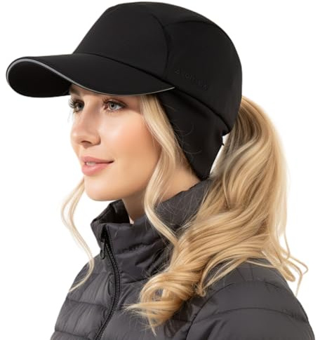 TOP-EX Damen Winter mütze mit Ohrenklappen wasserdicht Women Beanie Hat Pferdeschwanz Baseball Cap Schirm Running Basecap Big Kopf Fleece Reflektierend M Schwarz