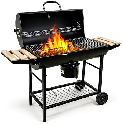 Barbecue a Carbone con Coperchio e Termometro, 2 Griglie in Acciaio Inox SS304 (Cottura + Mantenimento), Ripiani Laterali e Ventilazione Regolabile, BBQ da Giardino con Ruote