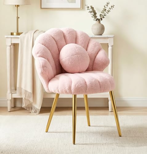 Bonnlo Schminktisch Stuhl, Muschel Sessel Wohnzimmer Modern Schminkstuhl aus Teddystoff mit Kissen Rückenlehne Golden Beinen, Ohrensessel bis 150 kg Vanity Chair für Schlafzimmer Kinderzimmer (Rosa)