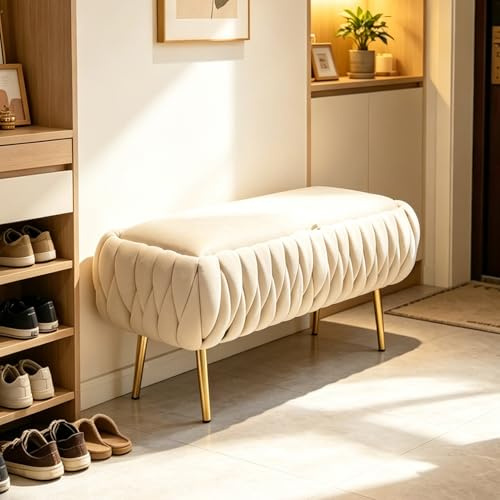 SANEIOUI Modern Sitzhocker mit Stauraum, Quadratisch Bettbank mit Goldenen Metallbeinen, Gepolsterte Sitzbank Flur, Samt Sitztruhe mit Stauraum für Flur, Eingangsbereich, Schlafzimmer (Beige)