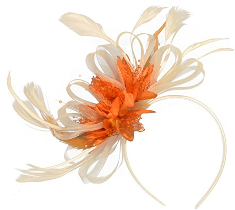 Haarschmuck, mit Federn, creme-elfenbeinfarben/orangefarben, für Hochzeit/Pferderennen