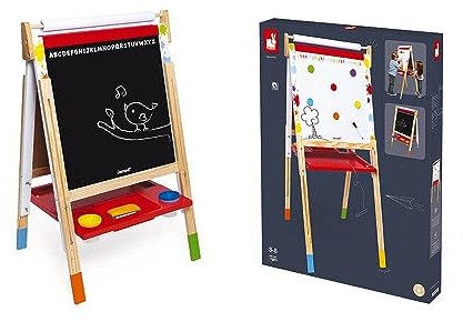 Janod - Tableau en Bois Double Face Splash - Évolutif, Réglable en Hauteur - Ardoise Blanche Magnétique + Ardoise pour Craie - 13 Accessoires Inclus - Dès 3 ans, J09611 Multicolore