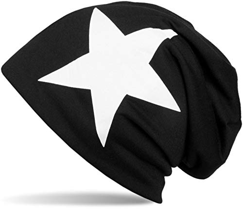 styleBREAKER Unisex Stoff Beanie Mütze mit Stern Print, Stretch Slouch Longbeanie 04024038, Farbe:Schwarz-Weiß