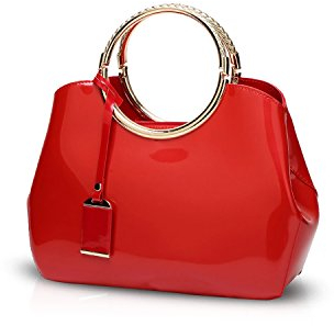 NICOLE & DORIS Damen Handtasche Lackleder Clutch Henkeltasche Abendtasche Umhängetasche wasserdichte Schultertaschen Mode Tasche mit Abnehmbarem Schultergurt Rot