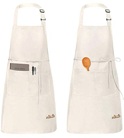 Viedouce 2 Pack Schürze, Wasserdicht Kochschürze mit Taschen, Verstellbarem Küchenschürze Grillschürze latzschürze Küchenschürze für Frauen Männer Chef-Belastbar & Einfach zu Reinigen,Weiß