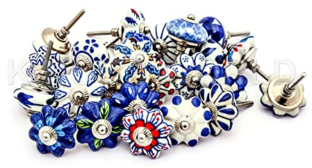 KNOBSWORLD 25 Blue & White Ceramic Drawers Knobs Door Cupboard Pulls Indian Mix Knobs.Express Priority Shipping