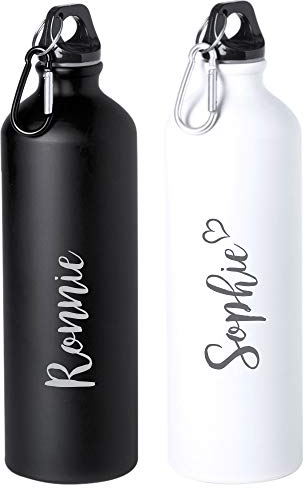 eBuyGB Personalised 800ml Stainless Steel Water Bottle Reusable BPA Free Matt Mrs Hinch Inspired Bottle with Carabiner Clip - Laser Engraved Custom Name (White)
