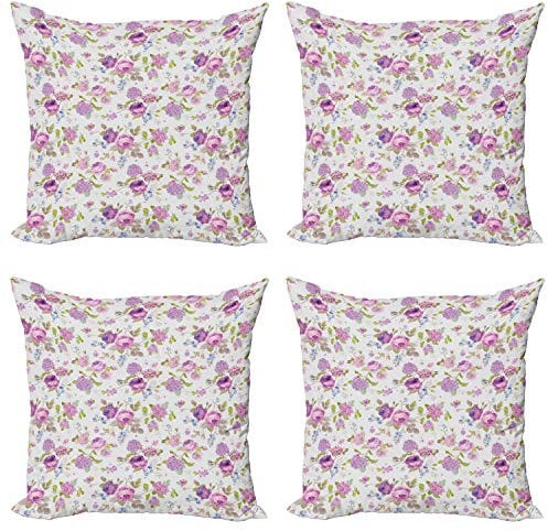 ABAKUHAUS Shabby Flora Dekokissen Kissenbezug 4er Pack, Rosen und Veilchen, Modern Accent Doppelseitiger Digitaldruck, 40 x 40 cm, Lila Mehrfarbig