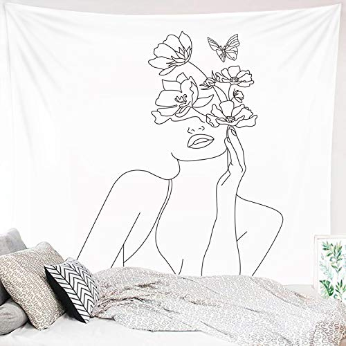 Miytal Art Line Ästhetischer Wandteppich, Einfache Frauen mit Blume Schmetterling Wandbehang, Moderne Minimalistische Abstrakte Kreative Skizze Wanddekor für Wohnheim Schlafzimmer Büro - 51.5 x 59