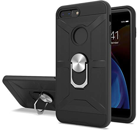 Cuoqing Apple iPhone 7 Plus/8 Plus Case, Silicone Shockproof Hard Protective Phone Cover With Ring Stand, Black