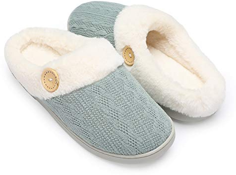 Chantomoo Frauen House Hausschuhe Bequeme Memory Foam Plüsch Schlafzimmer Kunstpelz gefüttert gestrickte warme Hausschuhe Slip-On leichte Schuhe, Indoor Outdoor Anti-Rutsch-Gummisohle Gemütliche