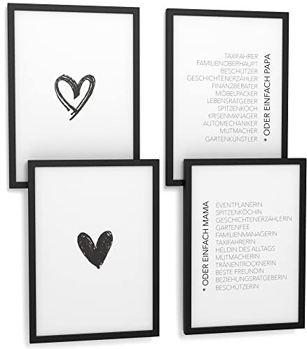 Papierschmiede® Premium Spruchposter Set 4er DIN A4 (21x30 cm) Motiv: Mama & Papa, Typografie Bilder Geschenk Wohnzimmer ohne Rahmen