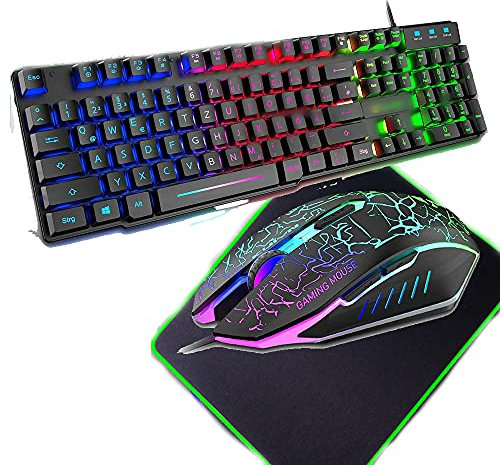 Ergonomic Gaming Keyboard and 2400DPI Adjust 4 Buttons Mouse Sets Wired Rainbow LED Backlit For PC Laptop PS4 (Black)