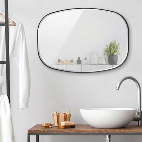 PHOTOLINI Badezimmer Spiegel oval Schwarz 50x70 cm mit Metallrahmen, Bad Spiegel, Schwarzer ovaler Wandspiegel zum Aufhängen, schmaler Rahmen, Dekoratives Highlight für Flur, Garderobe und Gäste WC