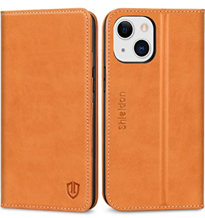 SHIELDON Hülle für iPhone 13 Mini, Schutzhülle [Rindsleder] [Stoßfest] [Kartenfächer] [Magnetverschluss] [Stand] RFID-Sperre TPU Ledertasche Kompatibel mit iPhone 13 Mini 5,4 - Braun