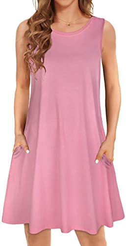 elescat Vestido de Playa Sin Mangas Informal Mujer | Dos bolsillos ocultos, vestido bohemio de manga corta, vestido floral con cuello redondo, acampanado fluido