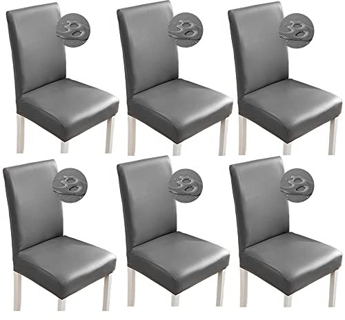 Shukii Stretch Esszimmerstuhlhussen Wasserdicht PU Leder Stuhlhussen Stuhlhussen Stuhlschoner Abdeckung Universal Stuhlhussen für Esszimmer Küche Hotel (6er Set, Grau)